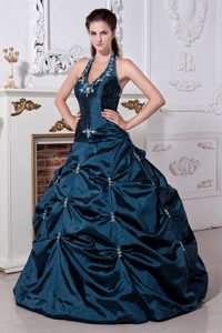 Pretty Navy Blue Halter-top Dress for Quince with Appliques and Pick-ups