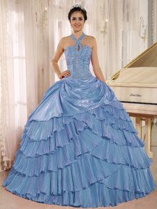Halter-top Plus Size Quince Gown Dresses with Pleats and Layers in Aqua Blue