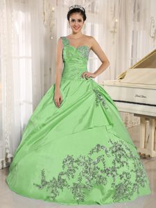 One Shoulder Ruched and Beaded Sweet 16 Dress with Appliques in Apple Green