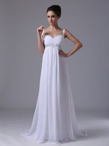 White Beaded Empire Straps Wedding Dresses in Chiffon with Court Train
