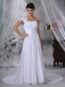 Inexpensive One Shoulder Church Wedding Dress with Ruche in Chiffon