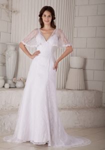 Elegant Column V-neck Beach Wedding Dress in Lace with Court Train