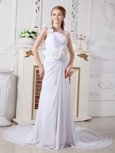 Informal One Shoulder Autumn Wedding Dress with Hand Made Flowers