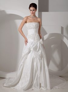 Unique Strapless Taffeta Appliqued Wedding Anniversary Dress on Sale