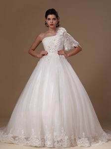 Ball Gown One Shoulder Wedding Dress with One Sleeve and Appliques