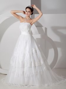 Best Strapless Satin and Lace Wedding Anniversary Dress with Belt