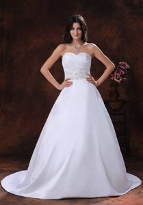 Pretty Beaded and Ruched Beach Wedding Dress with Sweetheart in Satin