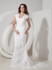 Mermaid V-neck Church Wedding Dress in Lace with Cap Sleeves on Sale