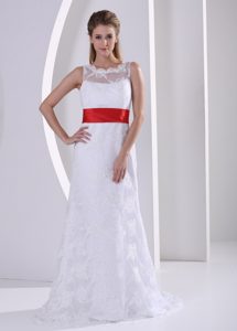 Cheap Ivory Column Bateau Dresses for Wedding in Lace with Red Sash