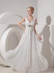 Empire V-neck Wedding Dresses in Chiffon with Beading to Floor-length