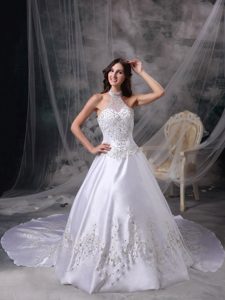 White Halter Embroidery and Beaded Beach Wedding Dress in Satin