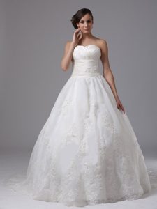 Fitted Outdoor Wedding Dress with Ruched Bodice and Sweetheart in Lace