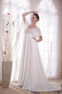 Princess V-neck Chiffon Dresses for Wedding with Beading and Court Train