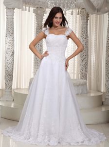 Beautiful Lace-up Court Train Spring Wedding Gown with Ruches under 250