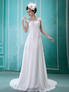 Best Seller Square Short Sleeves Zipper-up Chiffon Bridal Dress with Sequins