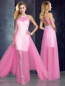 Top Selling Halter Top Backless Tulle Sleeveless Floor Length Homecoming Dress and Beading
