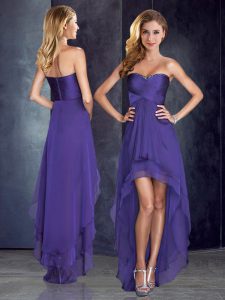 Unique Purple Chiffon Zipper Dress for Prom Sleeveless High Low Beading and Ruching