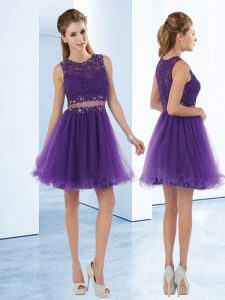 Eggplant Purple Two Pieces Organza Scoop Sleeveless Beading and Lace Mini Length Zipper Homecoming Dress