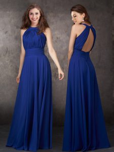 Top Selling Royal Blue Empire Chiffon Scoop Sleeveless Ruching Floor Length Backless Evening Dress