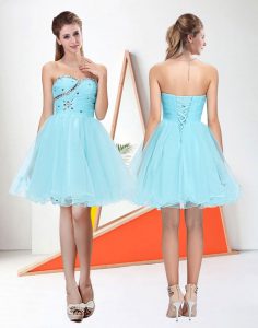 Super Knee Length Baby Blue Prom Party Dress Organza Sleeveless Beading
