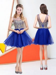 Scoop Royal Blue Zipper Prom Party Dress Appliques Sleeveless Knee Length