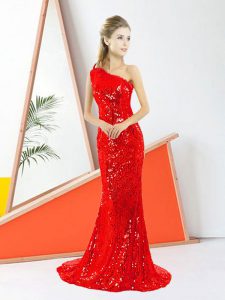Coral Red Column/Sheath Lace One Shoulder Sleeveless Lace Floor Length Zipper