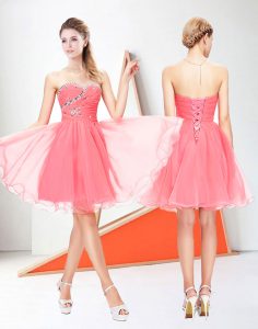 High End Beading Prom Gown Pink Lace Up Sleeveless Knee Length