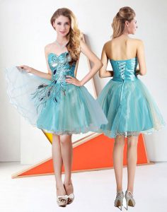 Trendy Appliques Prom Gown Teal Lace Up Sleeveless Mini Length