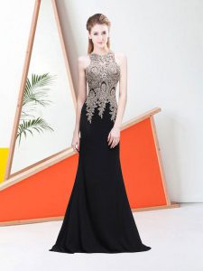Hot Sale Black A-line Satin Scoop Sleeveless Appliques Zipper Prom Dresses Sweep Train