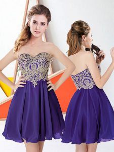 Designer Purple Zipper Prom Dress Appliques Sleeveless Mini Length