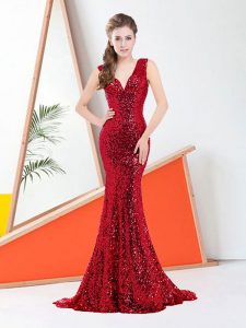 Mermaid V-neck Sleeveless Prom Dresses Sweep Train Sequins Wine Red Satin