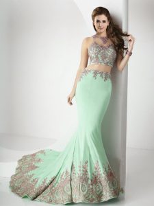 New Arrival Scoop With Train Two Pieces Sleeveless Apple Green Prom Party Dress Brush Train Zipper
