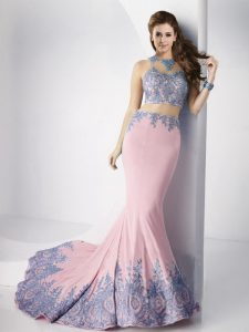 Graceful High-neck Sleeveless Prom Party Dress With Brush Train Appliques Pink Elastic Woven Satin