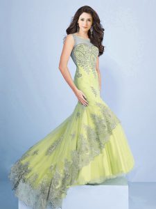 Most Popular Mermaid Scoop Clasp Handle Yellow Green Sleeveless Brush Train Appliques and Ruching Evening Dress