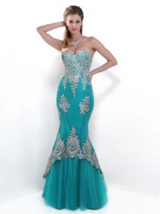 Mermaid Prom Gown Aqua Blue Sweetheart Tulle Sleeveless Floor Length Zipper