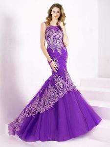 Baby Pink and Purple Mermaid Tulle Scoop Sleeveless Lace and Appliques Clasp Handle Prom Evening Gown Brush Train
