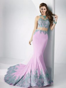 High-neck Sleeveless Brush Train Zipper Dress for Prom Lilac Elastic Woven Satin