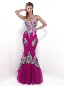 New Style Mermaid Fuchsia Homecoming Dress Prom and Party and For with Beading and Appliques Sweetheart Sleeveless Zippe