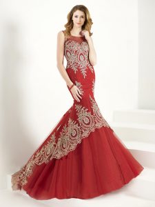 Exceptional Mermaid Scoop Sleeveless Tulle Clasp Handle Prom Evening Gown in Red with Lace and Appliques