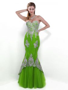 Mermaid Sweetheart Sleeveless Prom Evening Gown Floor Length Appliques Green Tulle