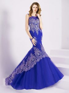 Mermaid Scoop Sleeveless Brush Train Clasp Handle Lace and Appliques Prom Gown