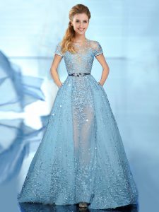 Scoop Short Sleeves Prom Dresses With Brush Train Beading Baby Blue Tulle