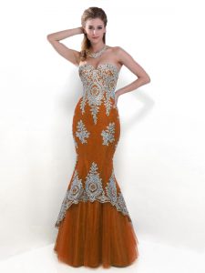 Mermaid Brown Sleeveless Floor Length Beading and Appliques Zipper Prom Party Dress