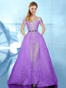 Scoop Purple Short Sleeves Tulle Brush Train Zipper Prom Dress for Prom and Party