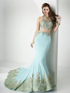 Baby Blue Prom Dresses Prom and Party and For with Beading and Appliques Scoop Sleeveless Brush Train Zipper