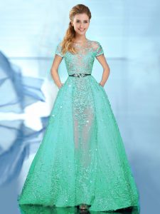 Green Zipper Scoop Beading Prom Evening Gown Tulle Short Sleeves Brush Train