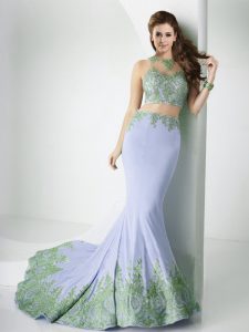 Artistic Scoop Lavender Sleeveless Brush Train Beading and Appliques With Train Prom Evening Gown