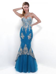 Mermaid Floor Length Teal Prom Gown Tulle Sleeveless Beading and Appliques