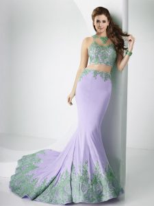Best Selling Elastic Woven Satin Scoop Sleeveless Brush Train Zipper Beading and Appliques Prom Evening Gown in Lavender