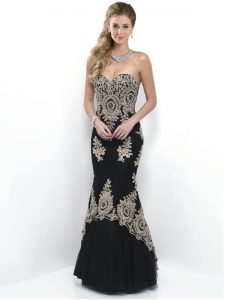 Fine Black Mermaid Sweetheart Sleeveless Tulle Floor Length Zipper Beading and Appliques Prom Gown